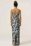Blue Sheath Strapless White Floral Back Slit Satin Long Bridesmaid Dress with Pockets