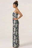 Blue Sheath Strapless White Floral Back Slit Satin Long Bridesmaid Dress with Pockets