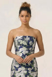 Blue Sheath Strapless White Floral Back Slit Satin Long Bridesmaid Dress with Pockets
