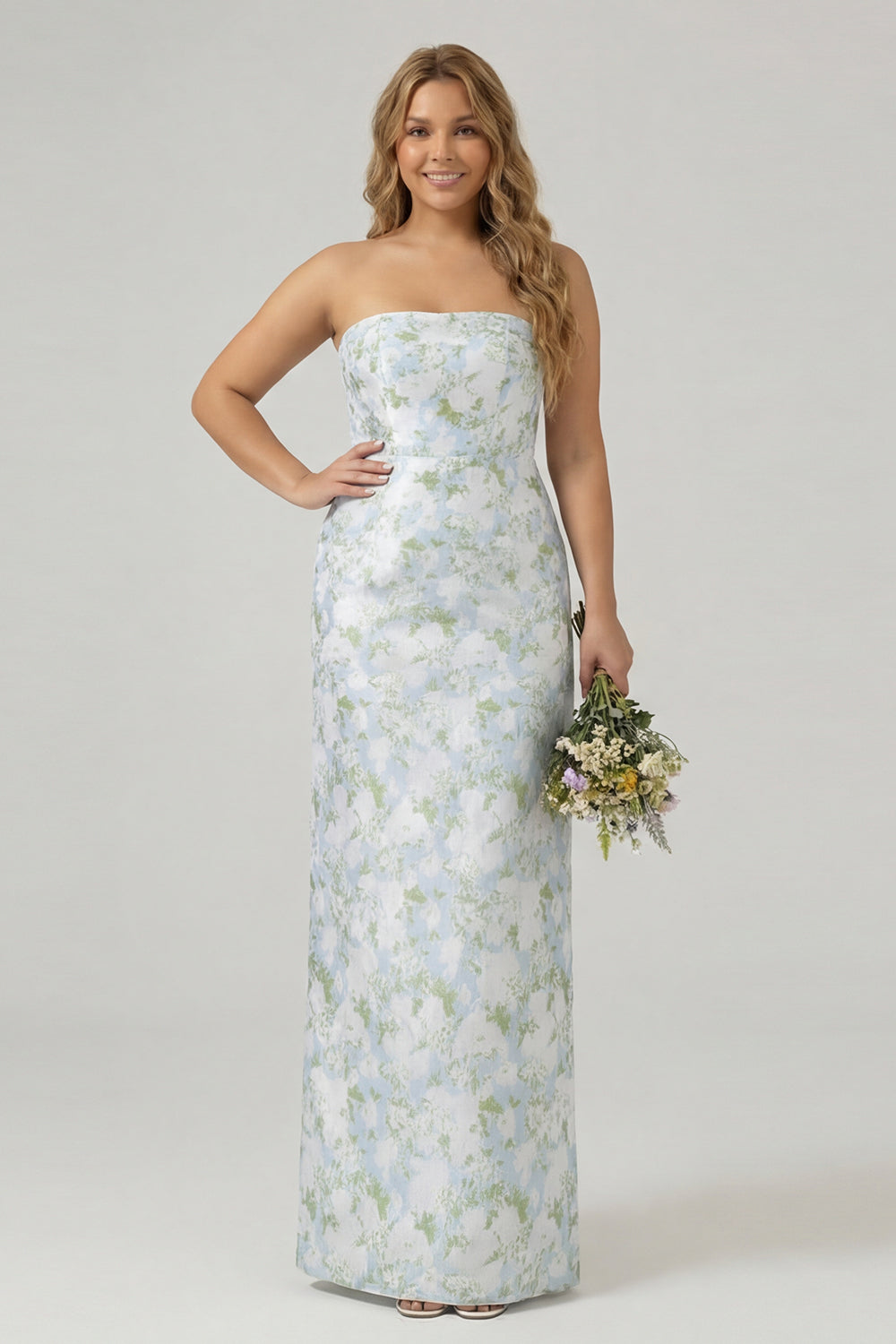 WEDTREND Women Floral Blue White Plus Size Bridesmaid Dress Back Slit Satin Sheath Strapless Maxi Wedding Guest Dress with Pockets, Blue White Flower