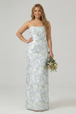 Floral Blue White Sheath Strapless Back Slit Satin Plus Size Bridesmaid Dress with Pockets
