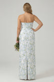 Floral Blue White Sheath Strapless Back Slit Satin Plus Size Bridesmaid Dress with Pockets