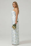 Floral Blue White Sheath Strapless Back Slit Satin Plus Size Bridesmaid Dress with Pockets