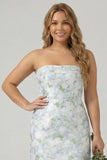 Floral Blue White Sheath Strapless Back Slit Satin Plus Size Bridesmaid Dress with Pockets