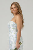 Floral Blue White Sheath Strapless Back Slit Satin Plus Size Bridesmaid Dress with Pockets