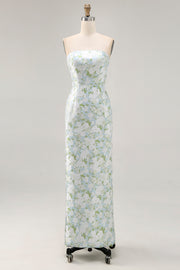 Sheath Strapless White Floral Back Slit Satin Blue Maxi Dress with Pockets