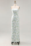 Sheath Strapless White Floral Back Slit Satin Blue Maxi Dress with Pockets