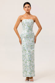 Blue Sheath Strapless White Floral Back Slit Satin Long Bridesmaid Dress with Pockets