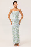 Blue Sheath Strapless White Floral Back Slit Satin Long Bridesmaid Dress with Pockets
