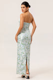 Blue Sheath Strapless White Floral Back Slit Satin Long Bridesmaid Dress with Pockets