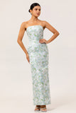 Blue Sheath Strapless White Floral Back Slit Satin Long Bridesmaid Dress with Pockets