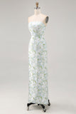 Sheath Strapless White Floral Back Slit Satin Blue Maxi Dress with Pockets