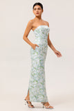 Blue Sheath Strapless White Floral Back Slit Satin Long Bridesmaid Dress with Pockets