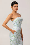 Blue Sheath Strapless White Floral Back Slit Satin Long Bridesmaid Dress with Pockets
