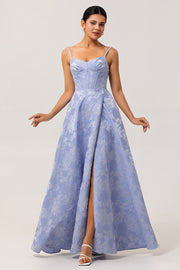 Blue A-Line Basque Waist Brocade Backless Long Jacquard Dress with Slit and Pockets