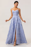 Blue A-Line Basque Waist Brocade Backless Long Jacquard Dress with Slit and Pockets