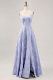 Blue A-Line Basque Waist Brocade Backless Long Jacquard Dress with Slit and Pockets