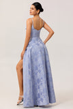A Line Spaghetti Straps Jacquard Corset Blue Prom Dress Dress with Slit
