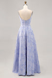 Blue A-Line Basque Waist Brocade Backless Long Jacquard Dress with Slit and Pockets