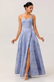 A Line Spaghetti Straps Jacquard Corset Blue Prom Dress Dress with Slit