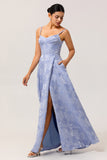 Blue A-Line Basque Waist Brocade Backless Long Jacquard Dress with Slit and Pockets