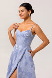 Blue A-Line Basque Waist Brocade Backless Long Jacquard Dress with Slit and Pockets