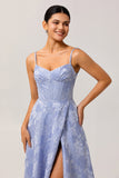 Blue A-Line Basque Waist Brocade Backless Long Jacquard Dress with Slit and Pockets