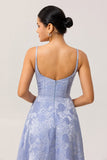 Blue A-Line Basque Waist Brocade Backless Long Jacquard Dress with Slit and Pockets