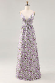 Purple Flower A-Line Spaghetti Straps Print Long Wedding Guest Dress with Pockets