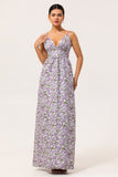 Purple A-Line V Neck Print Floral Chiffon Backless Maxi Dress with Pockets