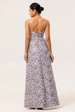 Purple A-Line V Neck Print Floral Chiffon Backless Maxi Dress with Pockets