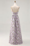 Purple Flower A-Line Spaghetti Straps Print Long Wedding Guest Dress with Pockets