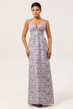Purple A-Line V Neck Print Floral Chiffon Backless Maxi Dress with Pockets