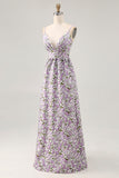 Purple Flower A-Line Spaghetti Straps Print Long Wedding Guest Dress with Pockets
