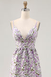 Purple Flower A-Line Spaghetti Straps Print Long Wedding Guest Dress with Pockets