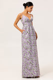 Purple Flower A-Line Spaghetti Straps Print Long Wedding Guest Dress with Pockets