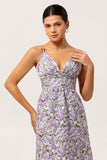 Purple A-Line V Neck Print Floral Chiffon Backless Maxi Dress with Pockets