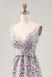 Purple Flower A-Line Spaghetti Straps Print Long Wedding Guest Dress with Pockets