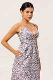 Purple A-Line V Neck Print Floral Chiffon Backless Maxi Dress with Pockets