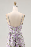 Purple Flower A-Line Spaghetti Straps Print Long Wedding Guest Dress with Pockets