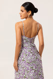 Purple A-Line V Neck Print Floral Chiffon Backless Maxi Dress with Pockets