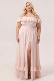 Blush A Line Off the Shoulder Ruffle Corset Plus Size Bridesmaid Dress with Rosette