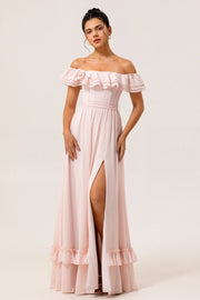 Blush A Line Off the Shoulder Ruffle Corset Chiffon Long Bridesmaid Dress with Rosette