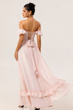 Blush A Line Off the Shoulder Ruffle Corset Chiffon Long Bridesmaid Dress with Rosette