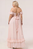 Blush A Line Off the Shoulder Ruffle Corset Plus Size Bridesmaid Dress with Rosette