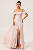 Blush A Line Off the Shoulder Ruffle Corset Chiffon Long Bridesmaid Dress with Rosette