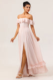 Blush A Line Off the Shoulder Ruffle Corset Chiffon Long Bridesmaid Dress with Rosette