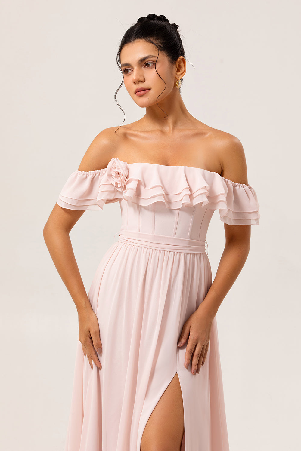 WEDTREND Women Blush Long Bridesmaid Dress with Slit A Line Off the Shoulder Lace Up Back Rosette Ruffle Corset Chiffon Wedding Guest Dress, Blush