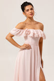 Blush A Line Off the Shoulder Ruffle Corset Chiffon Long Bridesmaid Dress with Rosette