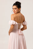 Blush A Line Off the Shoulder Ruffle Corset Chiffon Long Bridesmaid Dress with Rosette